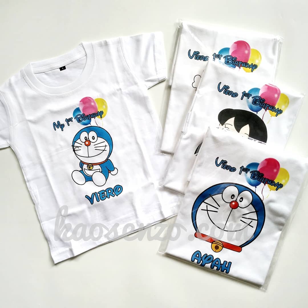 Baju Kaos Couple Keluarga | Baju Kaos Ultah Motif Doraemon