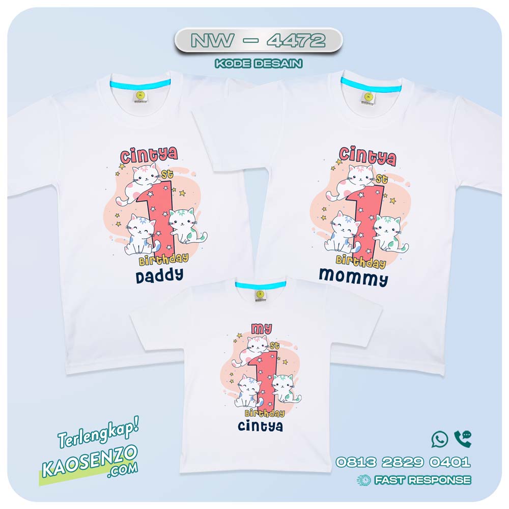 Baju Kaos Couple Keluarga Cute Cat | Kaos Family Custom | Kaos Ulang Tahun Anak | Kaos Motif Kucing - NW 4472