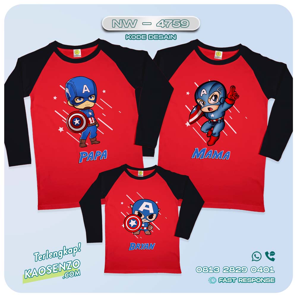 Baju Kaos Copule Keluarga Captain America | Koas Ulang Family Custom | Kaos Ulang Tahun | Kaos Captain America NW - 4759