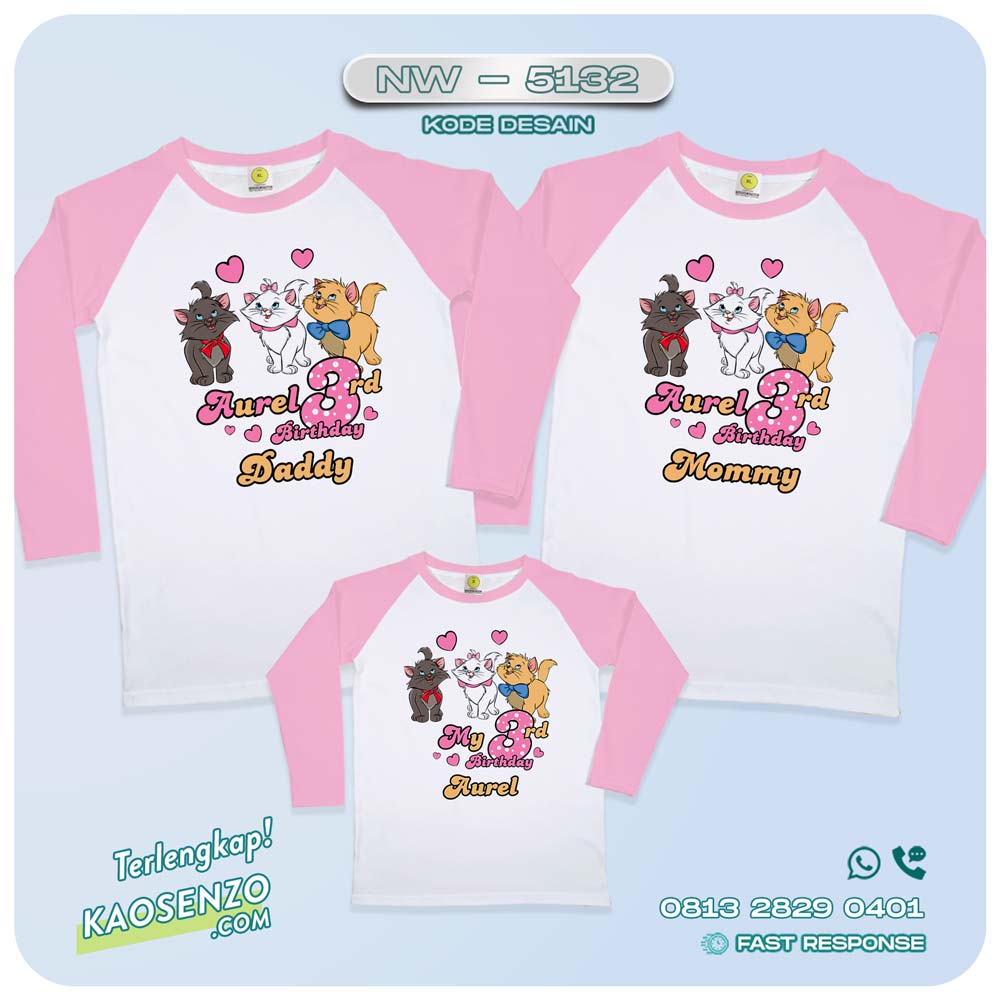 Baju Kaos Couple Keluarga Marie Cat | Kaos Ultah Anak Kartun Kucing The Aristocats | Kaos Marie Cat - NW 5132