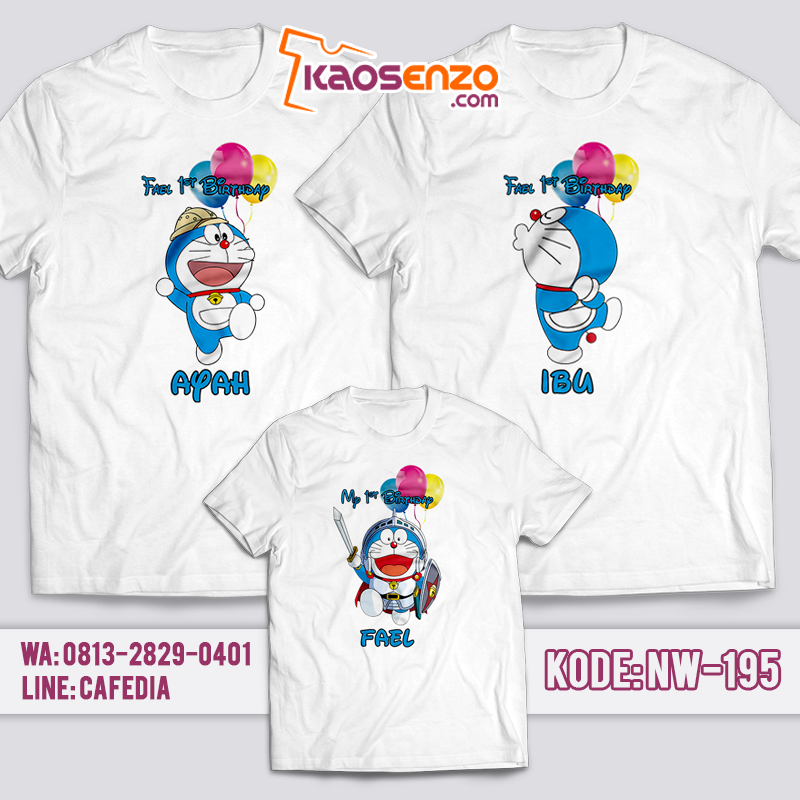 Baju Kaos Couple Keluarga | Baju Kaos Ultah Motif Doraemon